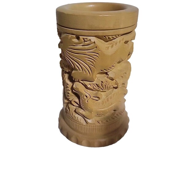 India 4" Carved Wood Animal Art Relief Pen Pencil Holder Desk Decor‎ Sculpture - Picture 3 of 6